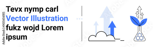 Blue arrows rising above clouds and a plant sprouting in a flask signify growth, progress, and innovation. Ideal for technology, startup, sustainability, science, growth, innovation simple landing