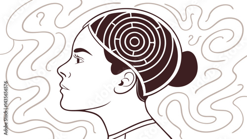 Illustration of a woman with a labyrinth inside her mind, symbolizing complex thoughts