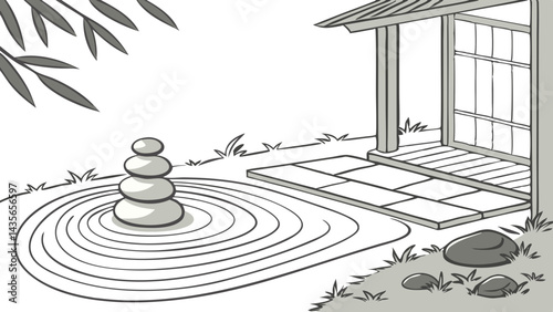 Japanese Zen Garden with stone stack and raked sand