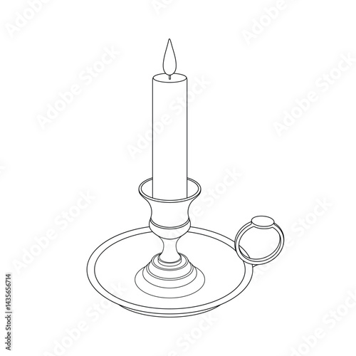 Hand drawn kids drawing Vector illustration candle in a brass candle stick holder flat cartoon isolated