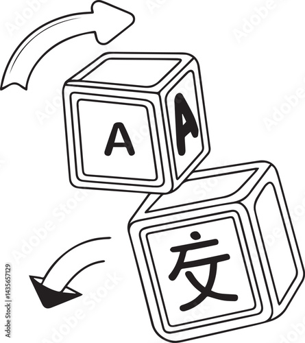 Rotating Cube Blocks with letters: Two dynamic, black-and-white image of cubes with bold, simple letters on each side, rotating dynamically symbolizing the alphabet and language.