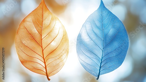 Two translucent leaves, one orange, one blue, backlit against a bokeh background