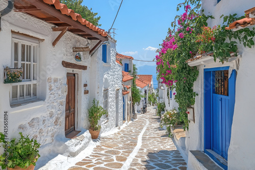 Fototapeta Naklejka Na Ścianę i Meble -  Narrow street lined with white-washed buildings in Mykonos village. Blue doors, potted plants, and cobblestone road create a charming Greek atmosphere.
