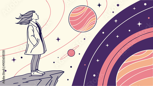 Contemplative Wanderer: A person gazing at a cosmic scene with planets, stars, and swirling space