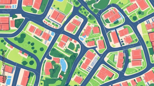 Aerial view of a suburban neighborhood with houses, roads, and parks.