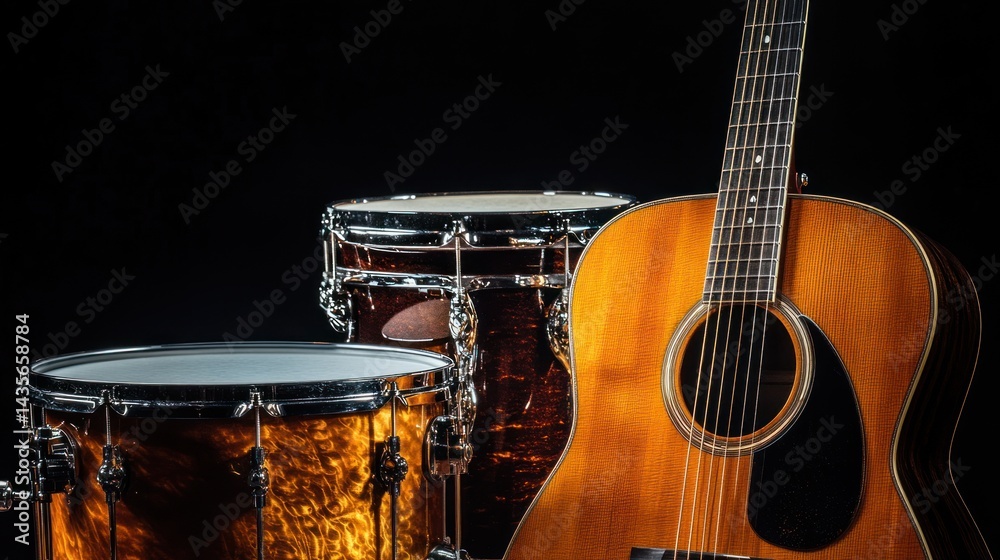 Fototapeta premium Acoustic guitar and drums set against a black background.