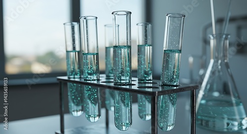 Close-up of several test tubes filled with a light teal liquid, arranged on a metal rack in a laboratory setting.  A flask is visible in the background.