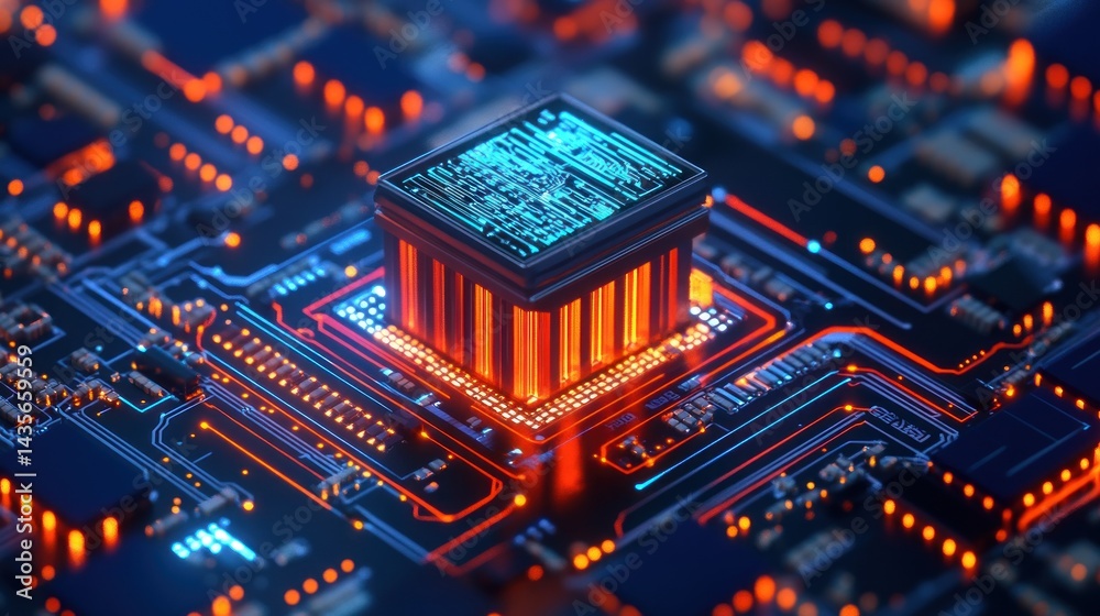 Obraz premium Futuristic CPU glowing on a circuit board.