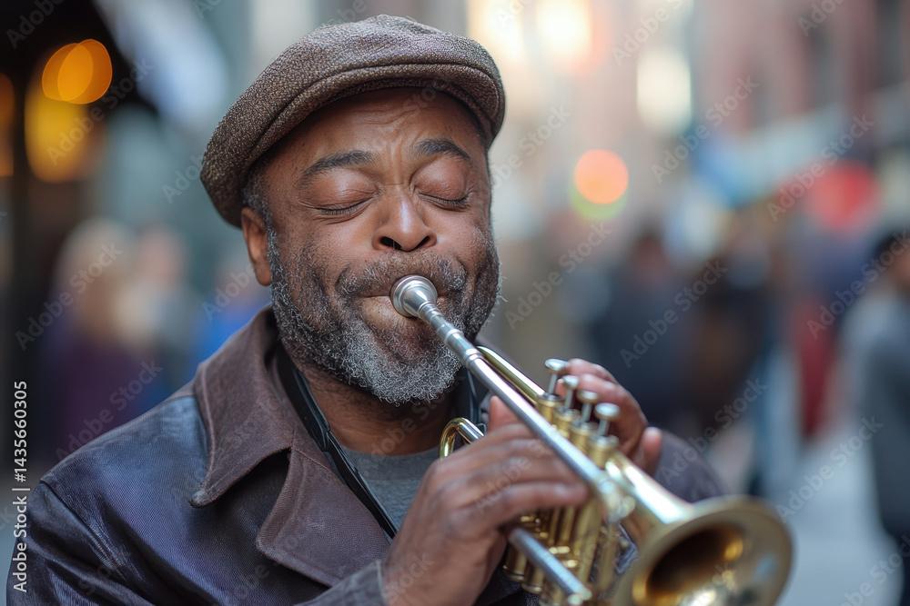 Obraz premium A man playing a trumpet on the street, creating melodious tunes amidst a bustling crowd.