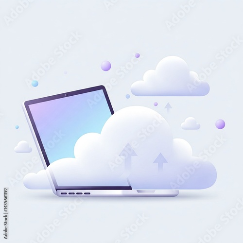 Smooth pastel laptop cloud migration, tech laptop takeoff, flat illustration, minimalistic cloud migration, dynamic simple design, clean tech background