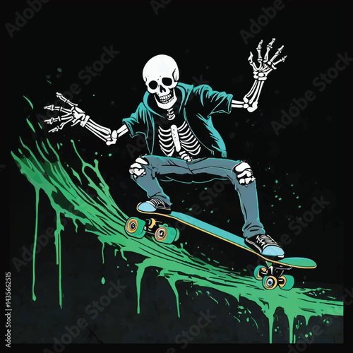 Ride the Chaos: Skeleton Skateboarding Through Dripping Neon Dreams, A Punk Skater’s Underground Journey, Skeleton T-shirt Vector Design.