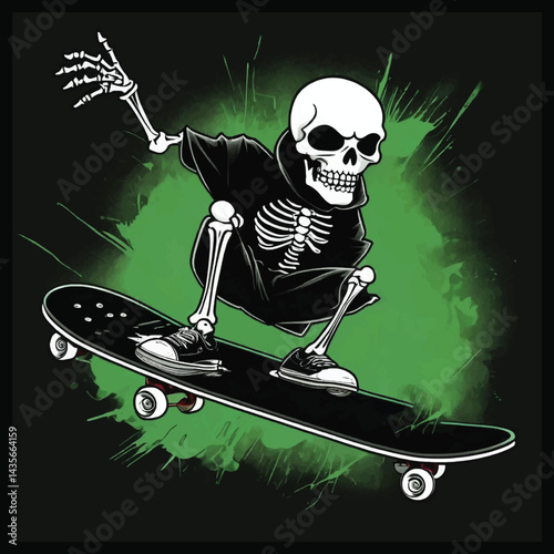 Ride the Chaos: Skeleton Skateboarding Through Dripping Neon Dreams, A Punk Skater’s Underground Journey, Skeleton T-shirt Vector Design.