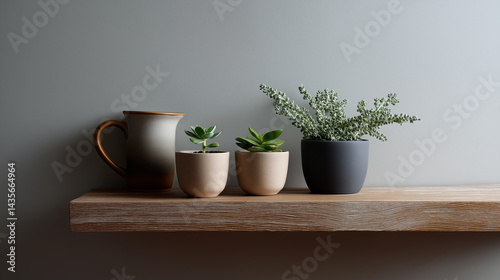 Minimal Plant Care Setup with Small Potted Plants on Wooden Shelf photo