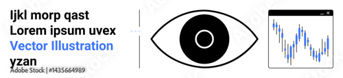 Eye with pupil focus, browser window showing fluctuating data graph. Ideal for vision, analysis, monitoring, focus, data tracking, research technology. Perfect for a simple landing page