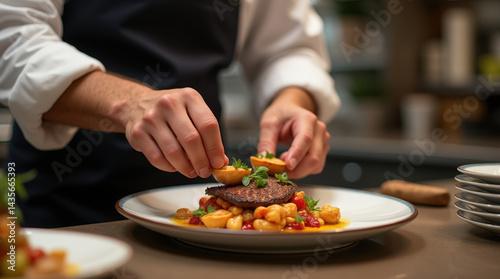 A stunning close-up artwork of a French master chef man's hands meticulously preparing a gourmet dish on a plate in a 5-star Michelin restaurant kitchen, full of detail.