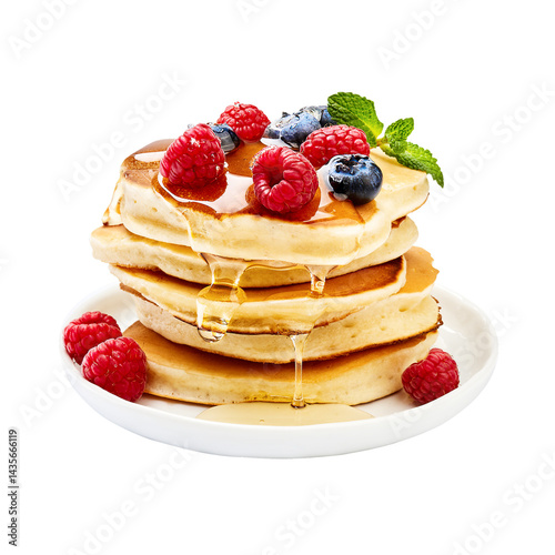 Delicious Stack of Fluffy Pancakes Drizzled with Golden Syrup and Topped with Fresh Raspberries, Blueberries, and Mint