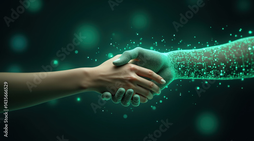 A striking artwork showing a handshake between an Asian woman's hand and a pixelated neon green digital hand, symbolizing human and artificial intelligence integration.

