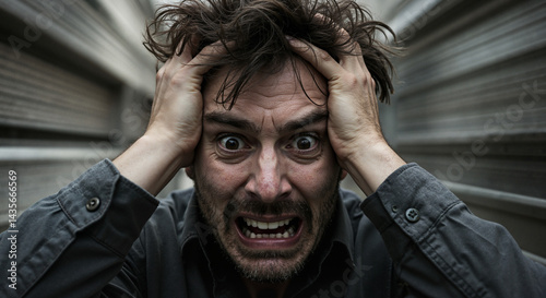 Distressed man expressing frustration in a narrow corridor  