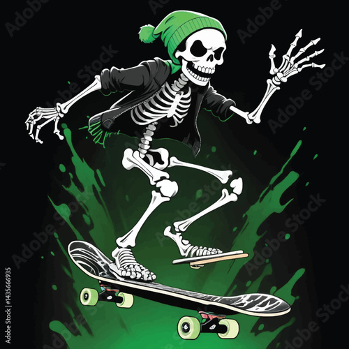Ride the Chaos: Skeleton Skateboarding Through Dripping Neon Dreams, A Punk Skater’s Underground Journey, Skeleton T-shirt Vector Design.