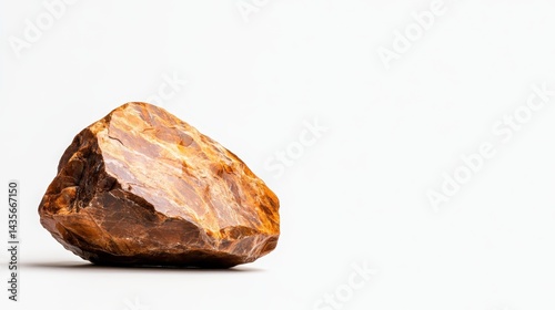 A visually striking close-up of a unique brown rock showcasing natural patterns and textures, set against a clean white backdrop, creating an elegant and serene composition.