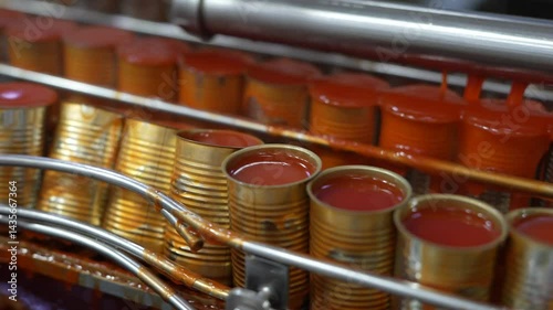 Automated conveyor system with tin cans in food processing plant. Industrial machinery for canned product manufacturing in a modern factory.