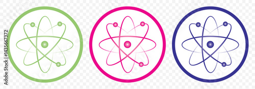 Colored atom icon. Vector illustration. Atom icon and Atom ways Set of 3. Atom icon in flat design. Set molecule symbol or atom symbol isolated on Transparent Background. EPS 10.