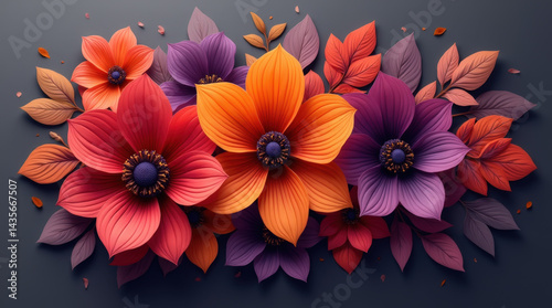A bold abstract flower design with colorful red, orange, and purple petals in a dynamic layout, set against a dark gray background, ideal for modern art prints or posters.
