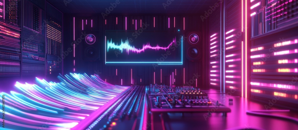 Neon-lit music studio with mixing console, equalizer, and vibrant waveform display. Neon-lit music studio with mixing console, equalizer, and vibrant waveform display.