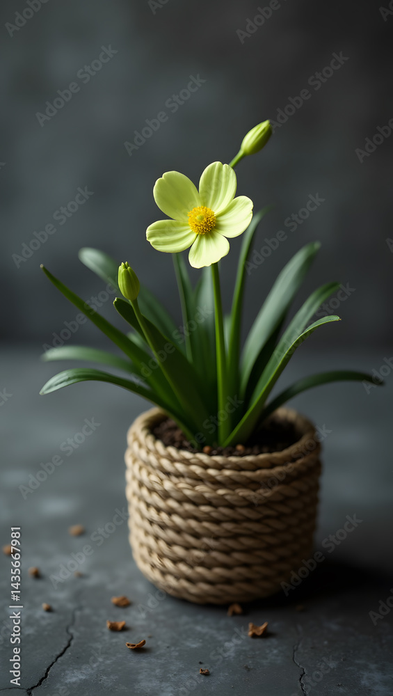 Obraz premium Minimalist Floral: Light Green Flower in a Rustic Jute Container