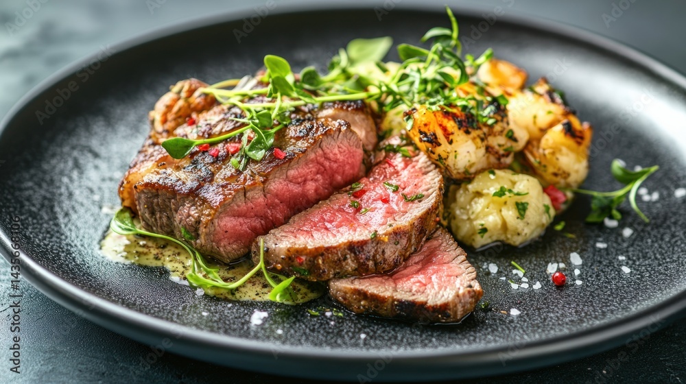 Sliced grilled steak with roasted potatoes and herb sauce on a dark plate. Sliced grilled steak with roasted potatoes and herb sauce on a dark plate.