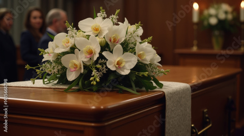 A somber funeral scene featuring a coffin embellished with elegant orchids and carnations, set during a church service, reflecting a deeply symbolic and emotional farewell.