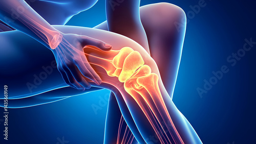 3D Medical Illustration of Knee Pain with Bone Structure Highlighted, Orthopedic Health Concept, Blue Background