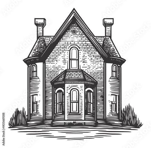 Vintage Woodcut Illustration of a Charming Architectural House Design