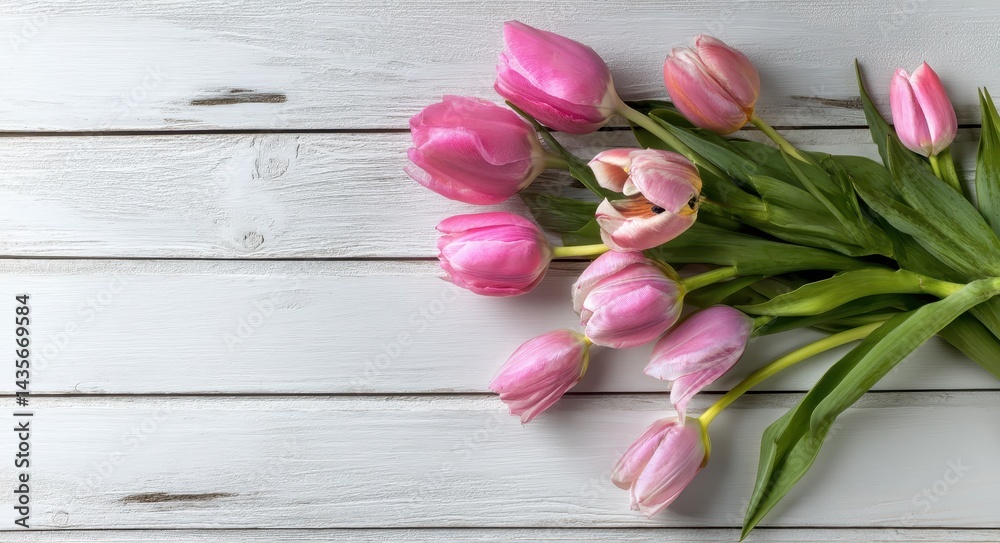 Charming Tulip Bouquet on Rustic White Wooden Surface for a Bright Mother's Day Celebration Charming Tulip Bouquet on Rustic White Wooden Surface for a Bright Mother's Day Celebration