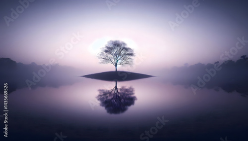tree besides the river in a foggy morning