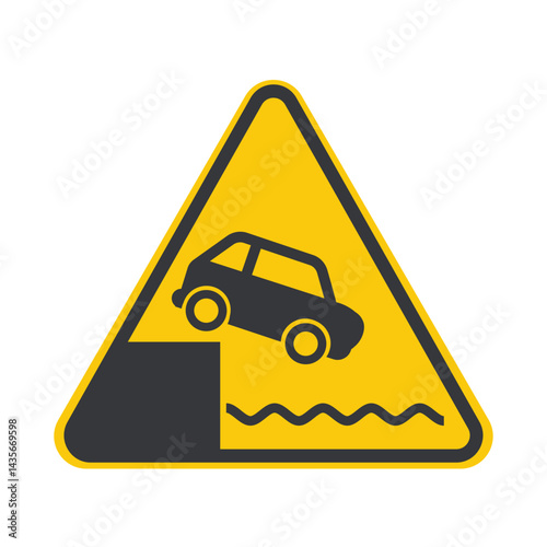Isolated safety sign water road edge , warning vehicles of the risk of falling into docks, rivers, or seas