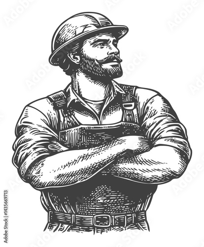 Vintage Woodcut Style Illustration of a Proud Male Worker