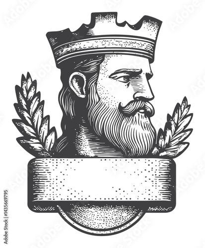 Vintage Woodcut Illustration of a King with Crown and Laurel Wreath