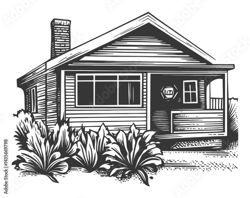 Vintage Woodcut Illustration of a Charming Bungalow House Design