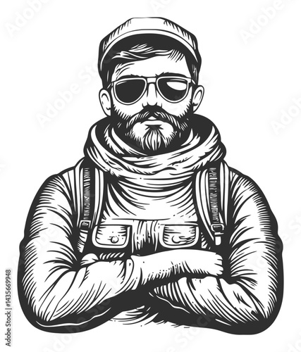 Vintage Woodcut Style Illustration of a Stylish Bearded Man