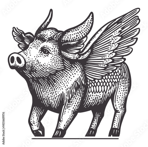 Vintage Woodcut Illustration of a Winged Pig in Detailed Style