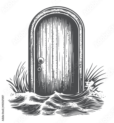 Vintage Woodcut Illustration of a Door Surrounded by Water Waves