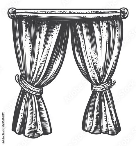 Vintage Woodcut Style Illustration of Decorative Curtains