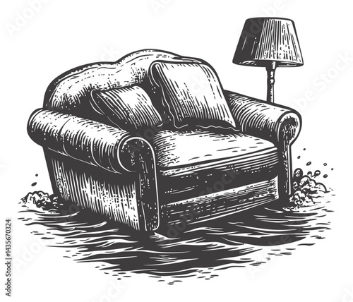 Vintage Woodcut Illustration of an Armchair and Lamp in Water