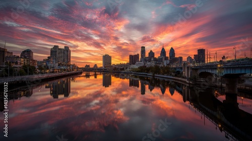 Dazzling Philadelphia Sunset: City Skyline Reflections Over the Franklin Bridge and Downtown Landscape