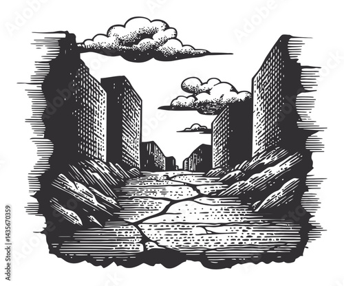 Vintage Woodcut Illustration of a Desolate Urban Landscape Scene
