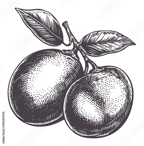 Vintage Woodcut Illustration of Plums with Leaves in Classic Style