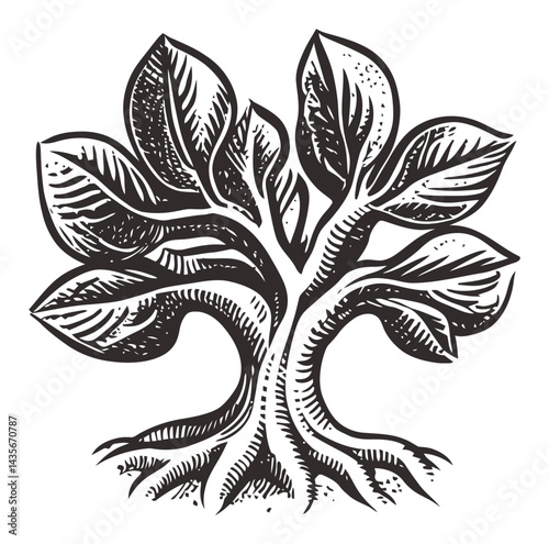 Vintage Woodcut Style Tree Illustration with Detailed Leaves and Roots
