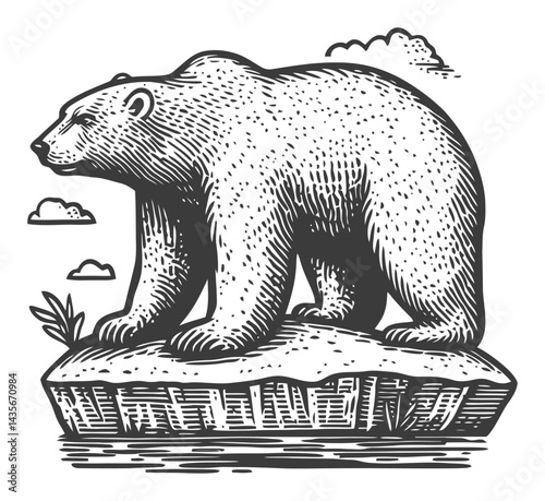 Vintage Woodcut Illustration of a Bear Standing on a Rock