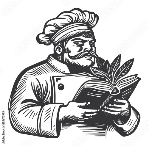 Vintage Woodcut Chef Reading Cookbook with Herbs and Culinary Style
